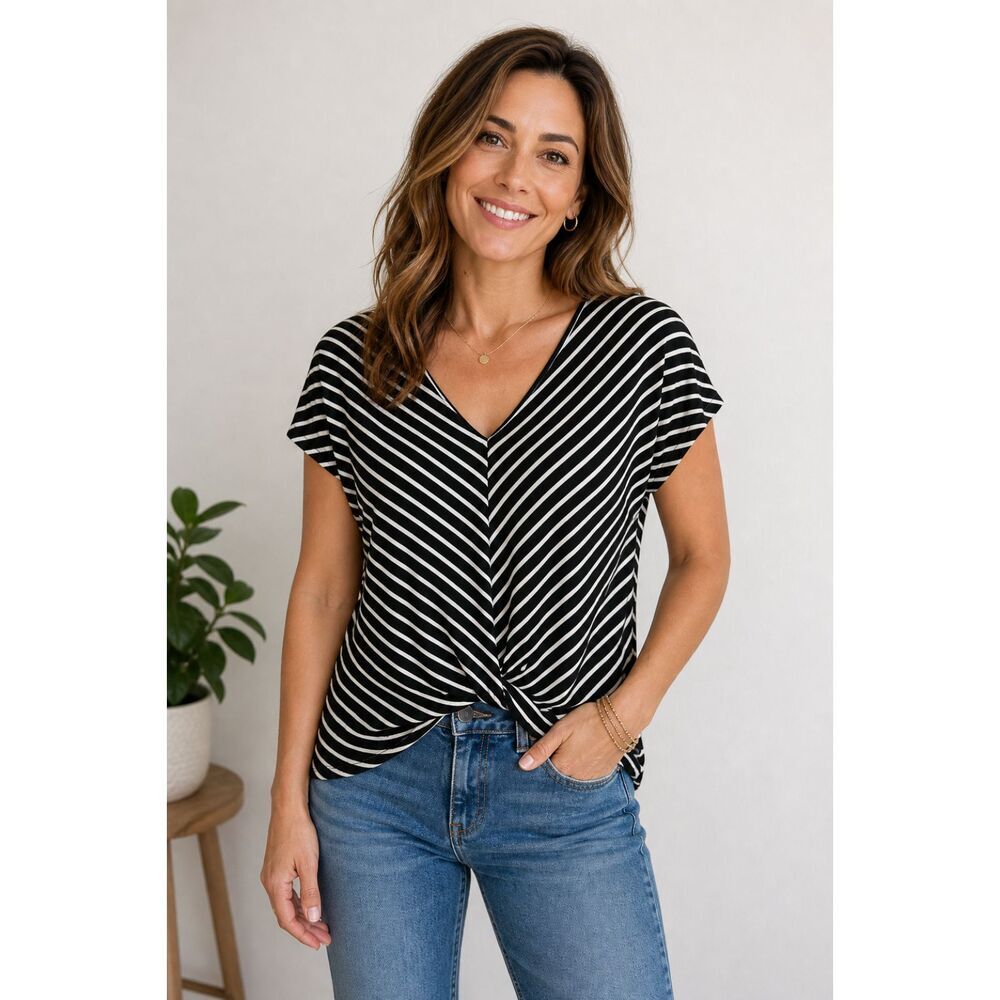 Umgee Women M Black White Striped V Neck Cap Sleeve Twist Front Top Blouse 1182H